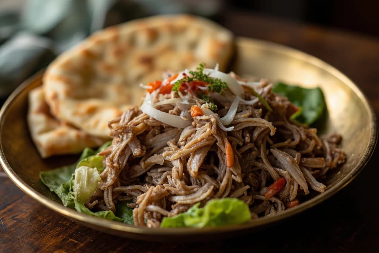 mas huni (shredded smoked tuna with coconut and onion, served with roshi flatbread) — a signature plate from Maldivian (Dried Tuna Cuisine) cuisine, prepared in the regional style.