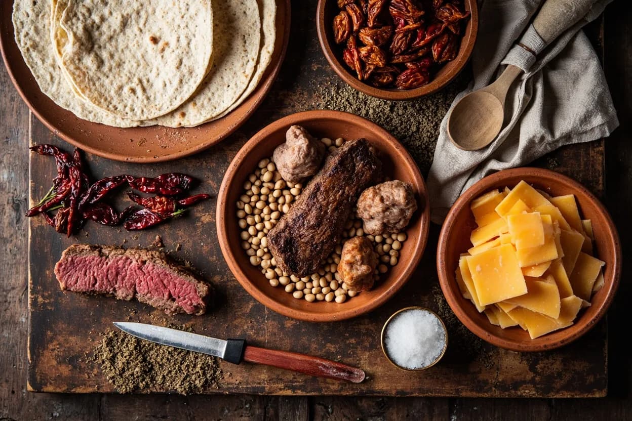 Mise en place for Mexican-American Border (Tex-Mex): the staple ingredients and key tools of the tradition laid out on the cook's board.