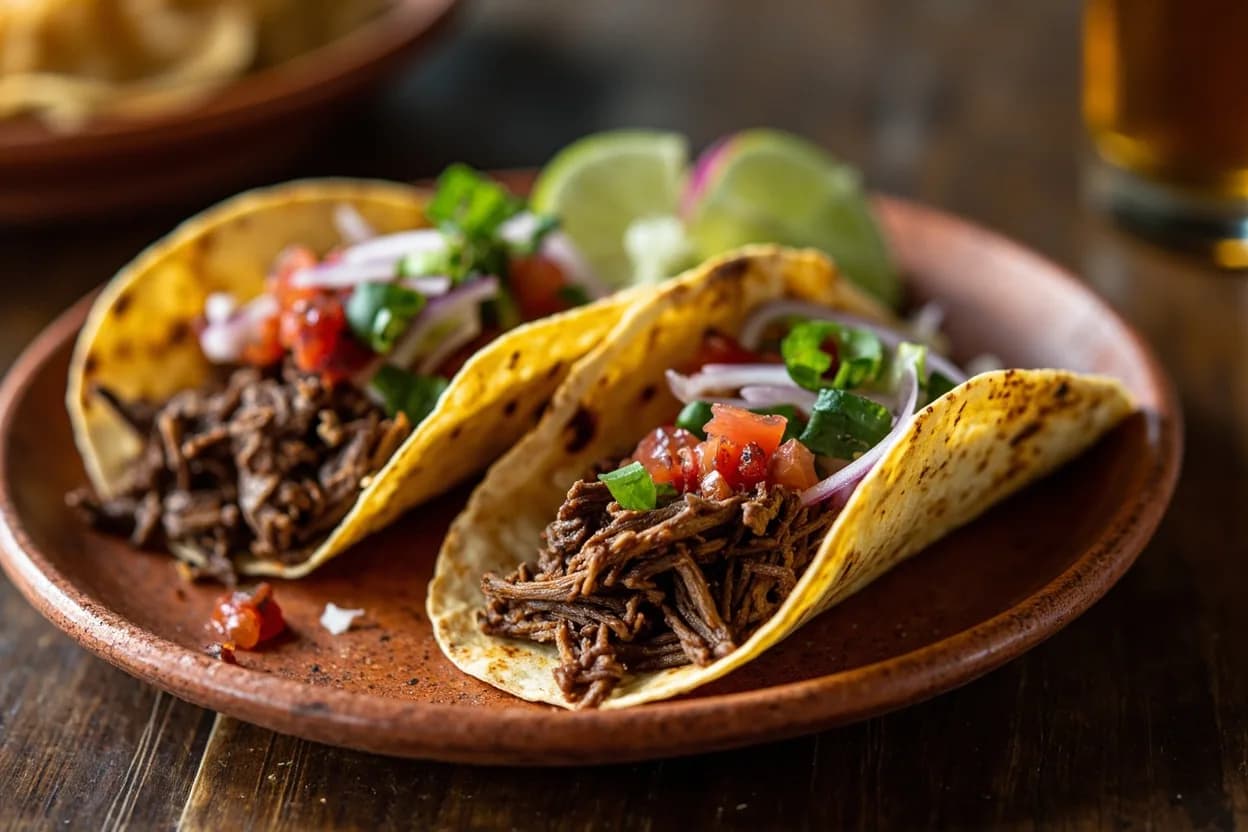 tacos de barbacoa (shredded pit meat in corn tortillas with salsa and onion) — a signature plate from Mexican Barbacoa de Hoyo cuisine, prepared in the regional style.