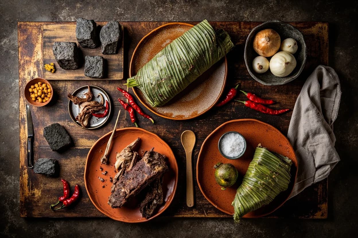 Mise en place for Mexican Barbacoa de Hoyo: the staple ingredients and key tools of the tradition laid out on the cook's board.