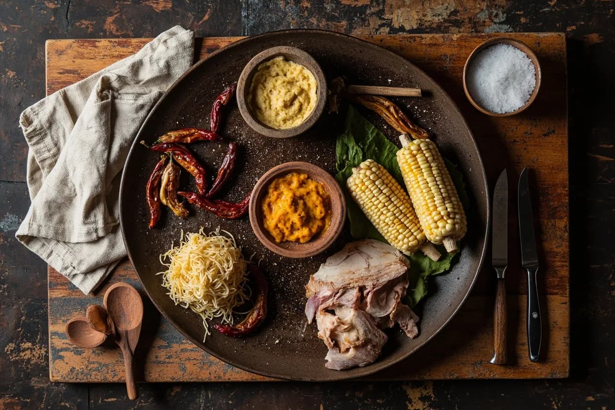Mise en place for Michoacana: the staple ingredients and key tools of the tradition laid out on the cook's board.