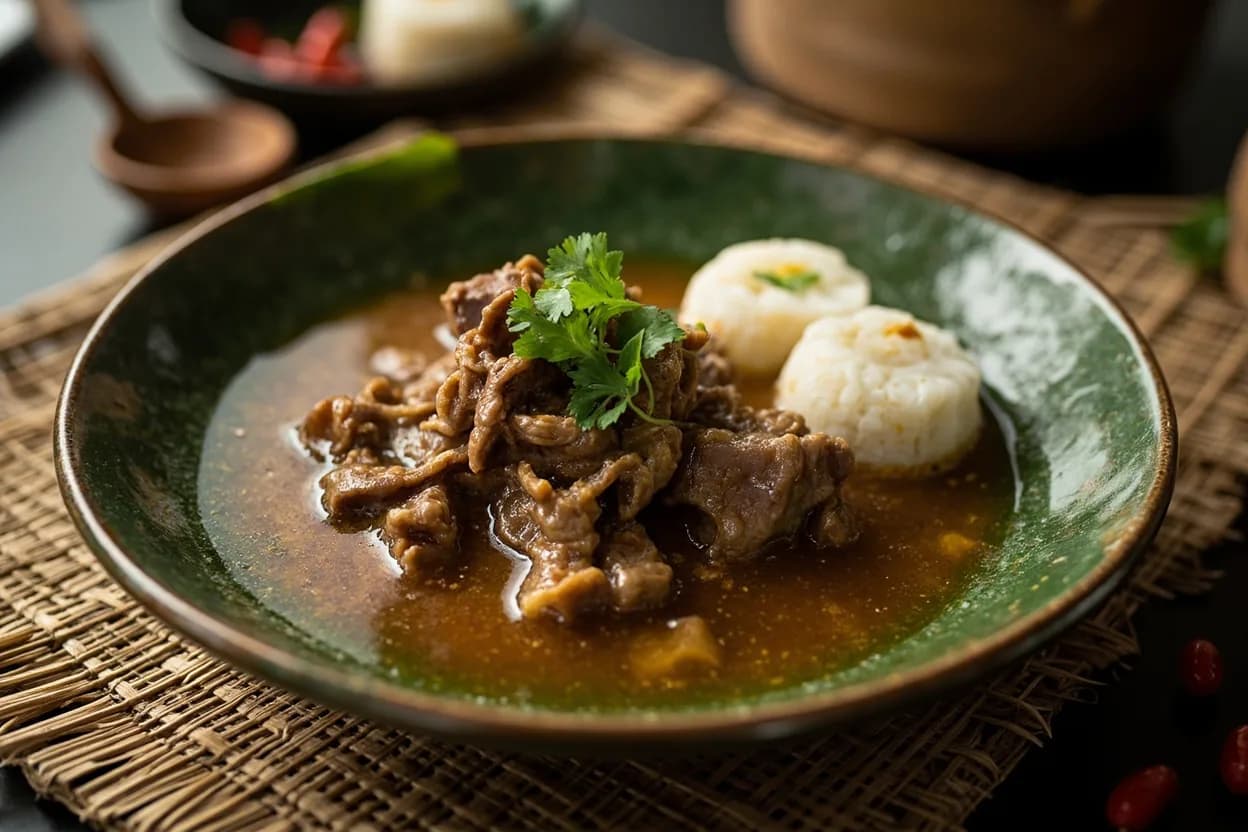 Soto Padang (clear beef and tendon soup with rice cakes) — a signature plate from Minangkabau (Padang) cuisine, prepared in the regional style.