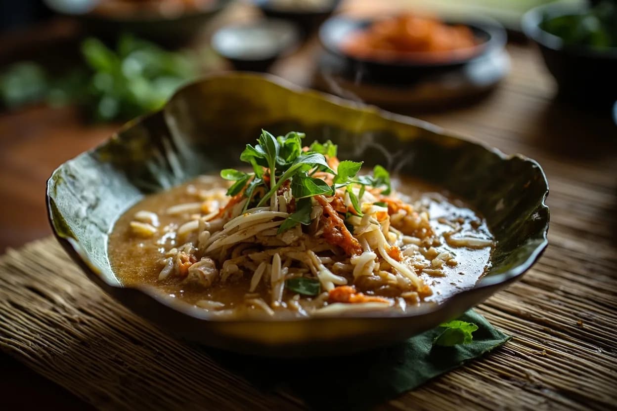 mont di (Mon rice noodle soup with fish-based broth) — a signature plate from Mon Cuisine (Myanmar-Thailand Borderlands) cuisine, prepared in the regional style.