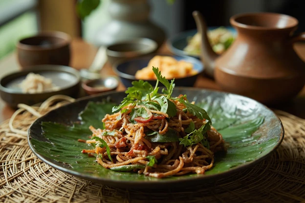 paung see (Mon-style raw herb salad with fermented fish dressing) — a signature plate from Mon Cuisine (Myanmar-Thailand Borderlands) cuisine, prepared in the regional style.