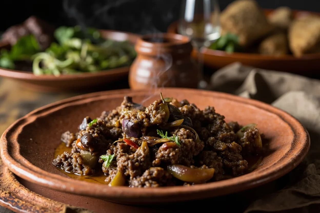 Badinjaniyya (braised eggplant with ground lamb and spices) — a signature plate from Moorish-Andalusian (Al-Andalus) cuisine, prepared in the regional style.