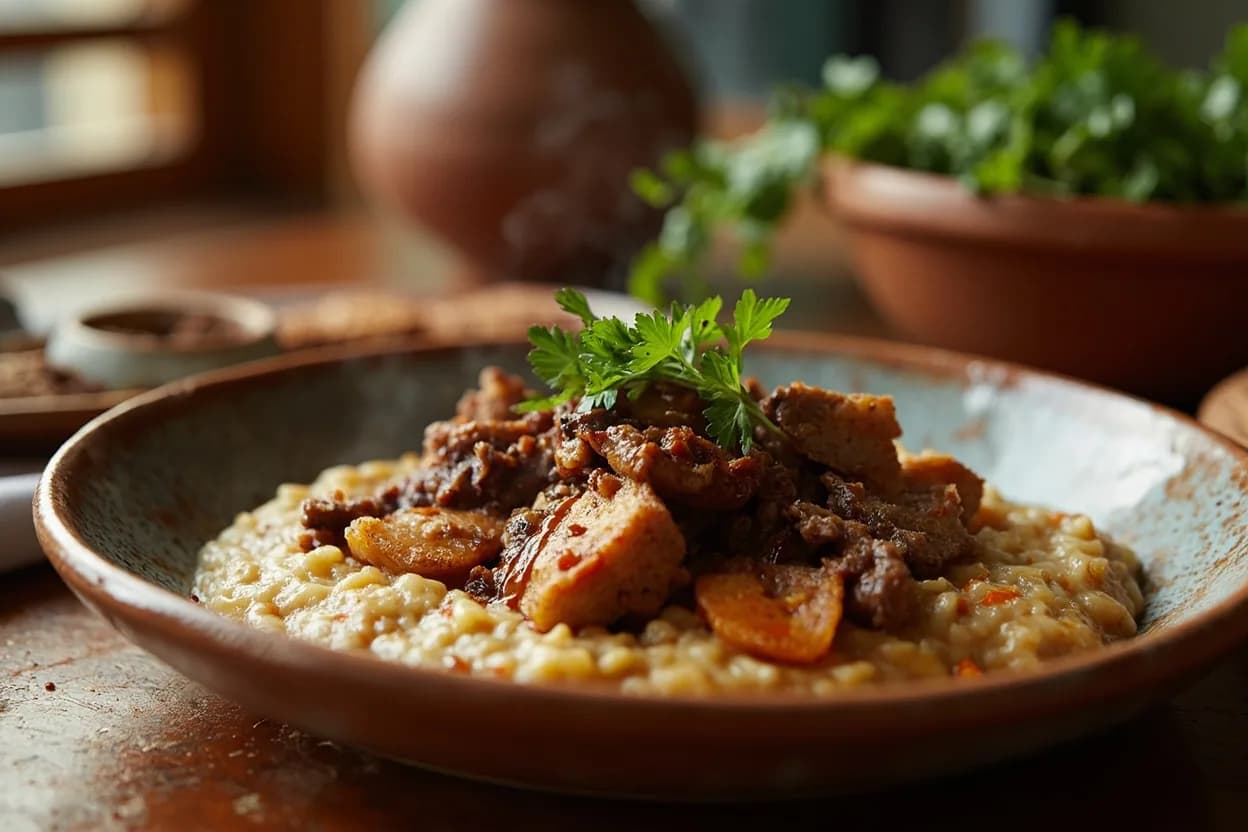 Tharida (bread porridge with meat — the Prophet's favourite dish, cited in Al-Andalus sources) — a signature plate from Moorish-Andalusian (Al-Andalus) cuisine, prepared in the regional style.