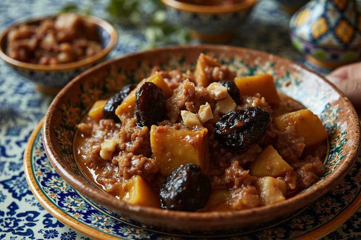 tagine with prunes and almonds — a signature plate from Moroccan cuisine, prepared in the regional style.