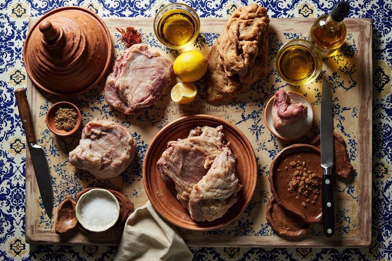Mise en place for Moroccan: the staple ingredients and key tools of the tradition laid out on the cook's board.