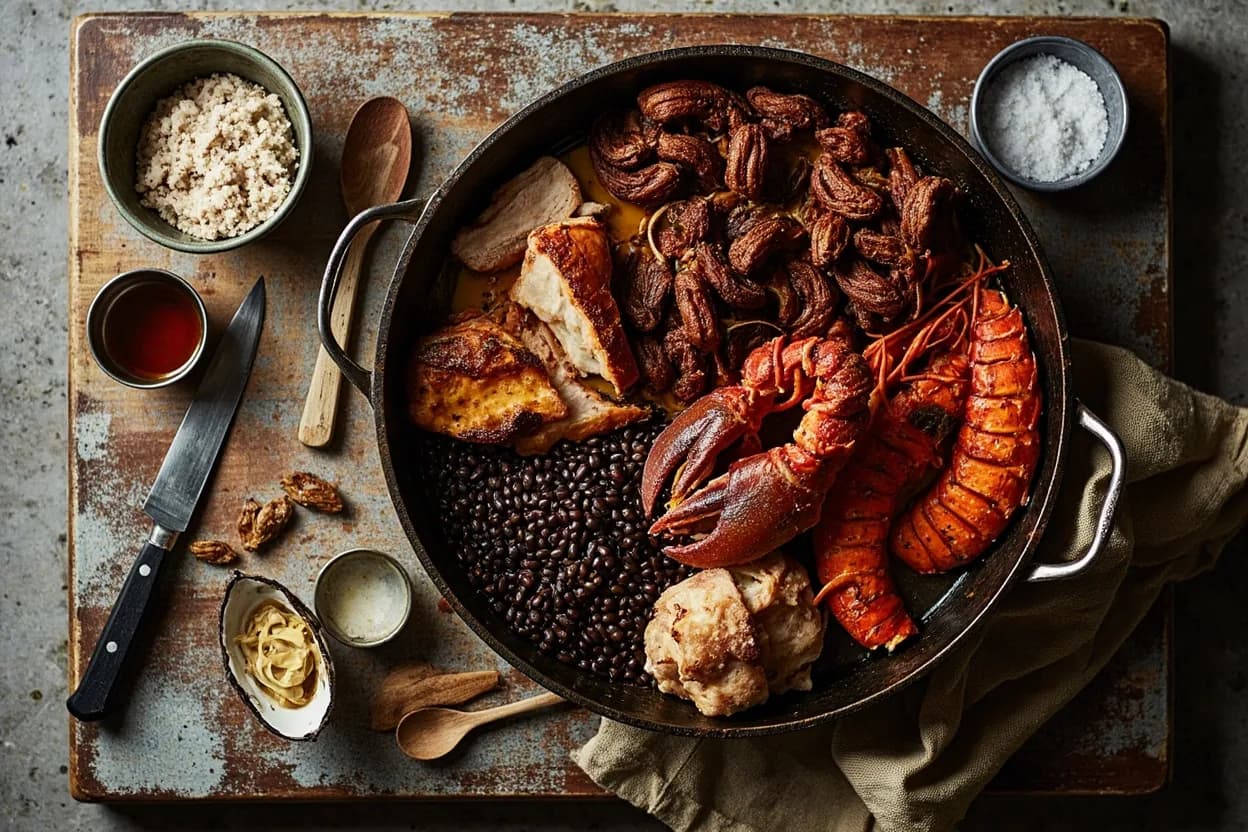 Mise en place for New England: the staple ingredients and key tools of the tradition laid out on the cook's board.