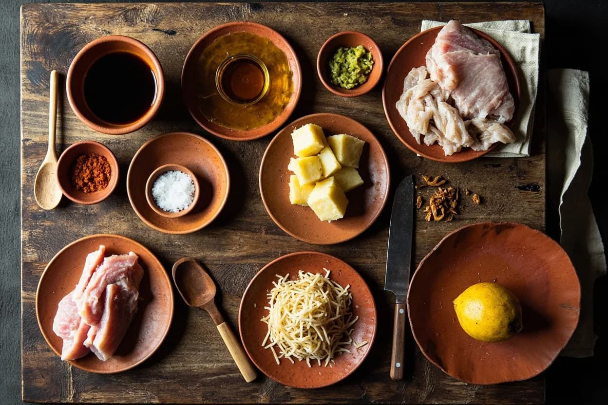 Mise en place for Nikkei (Japanese-Peruvian): the staple ingredients and key tools of the tradition laid out on the cook's board.