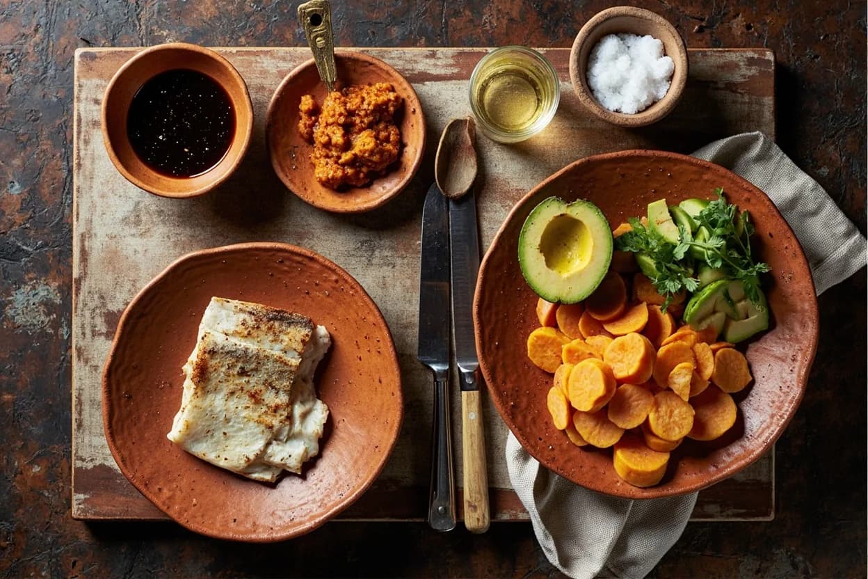 Mise en place for Nikkei (Peruvian-Japanese): the staple ingredients and key tools of the tradition laid out on the cook's board.