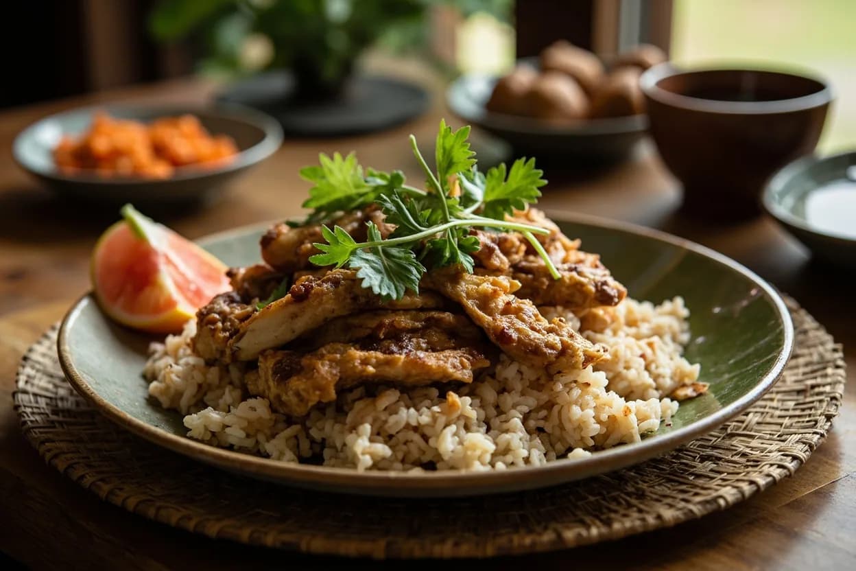 gai yang (grilled chicken with sticky rice) — a signature plate from Northeastern Thai (Isan) cuisine, prepared in the regional style.