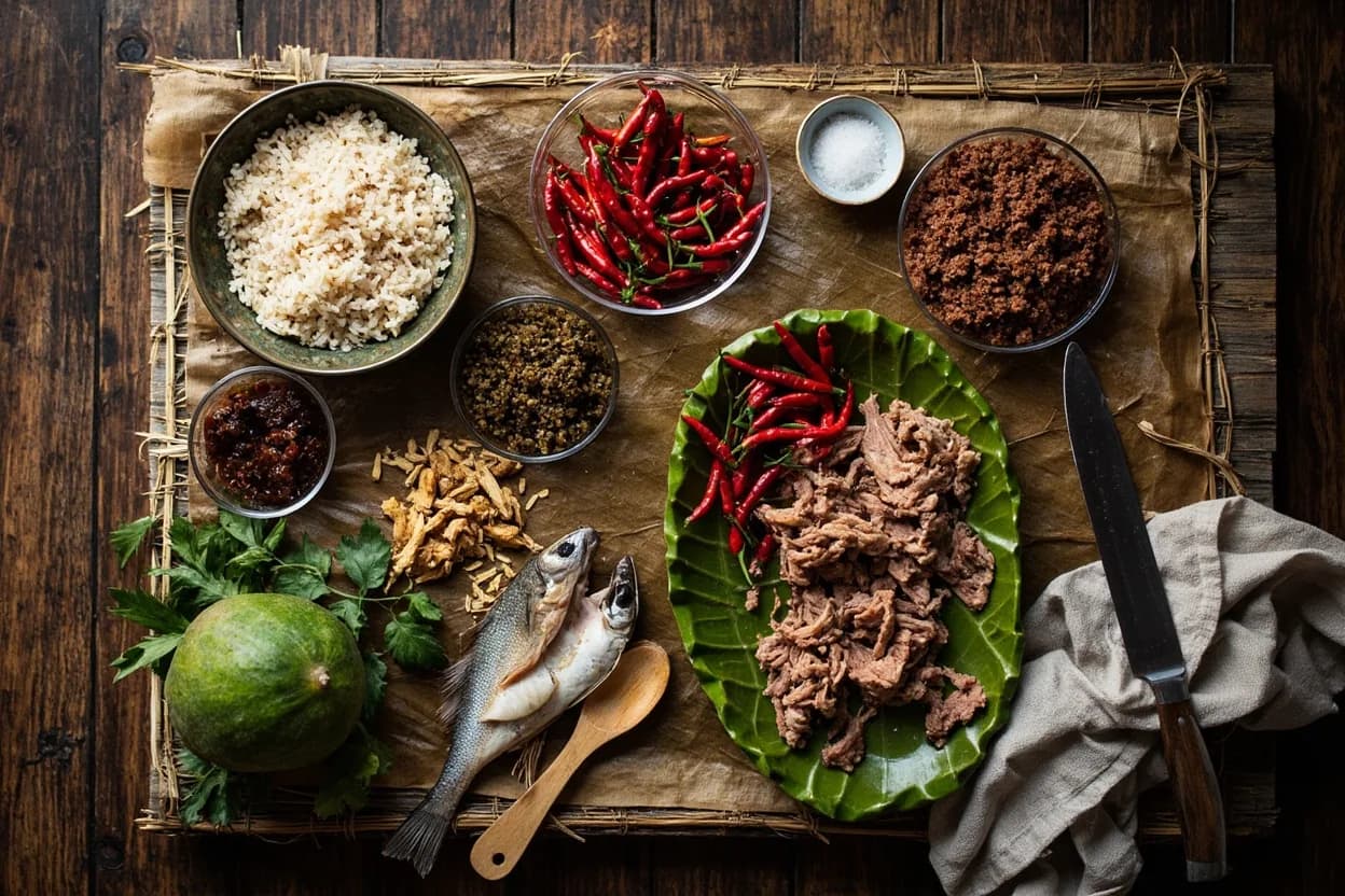 Mise en place for Northeastern Thai (Isan): the staple ingredients and key tools of the tradition laid out on the cook's board.