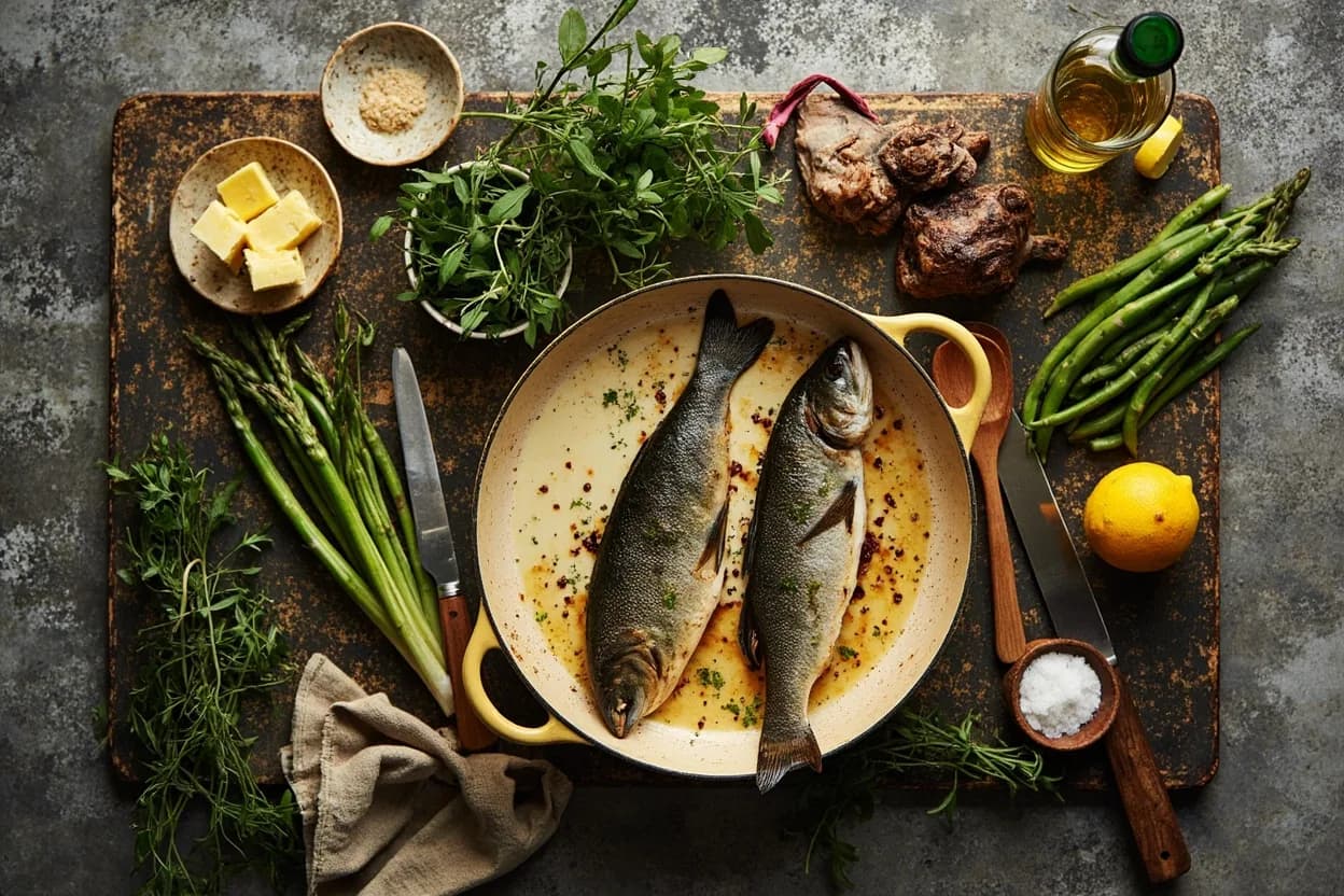 Mise en place for Nouvelle Cuisine: the staple ingredients and key tools of the tradition laid out on the cook's board.