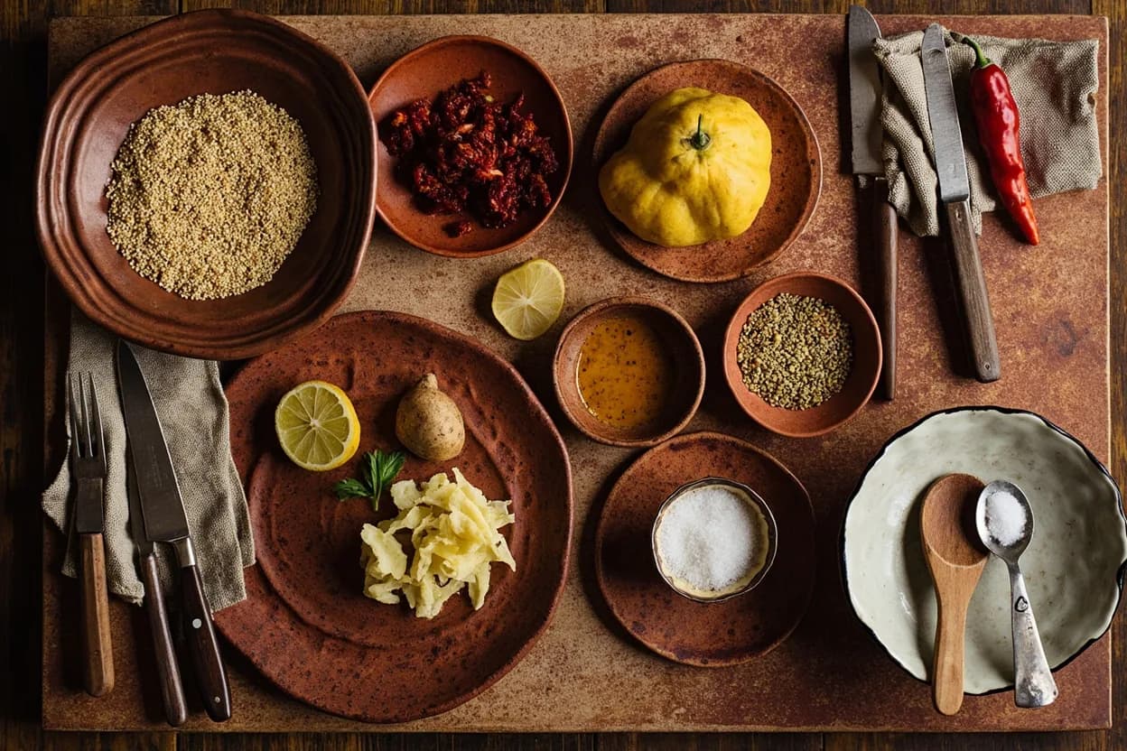Mise en place for Novoandina: the staple ingredients and key tools of the tradition laid out on the cook's board.