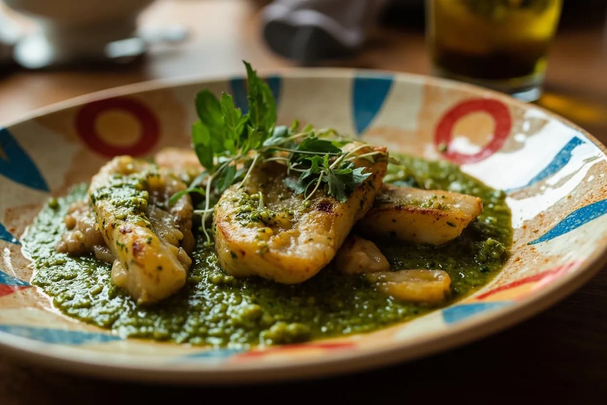 Merluza en salsa verde — a signature plate from Nueva Cocina Vasca cuisine, prepared in the regional style.
