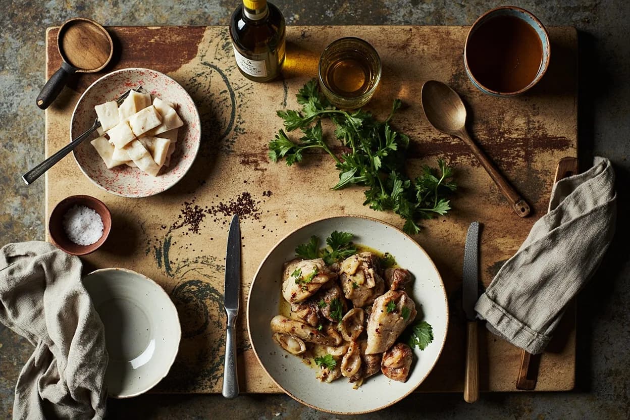Mise en place for Nueva Cocina Vasca: the staple ingredients and key tools of the tradition laid out on the cook's board.