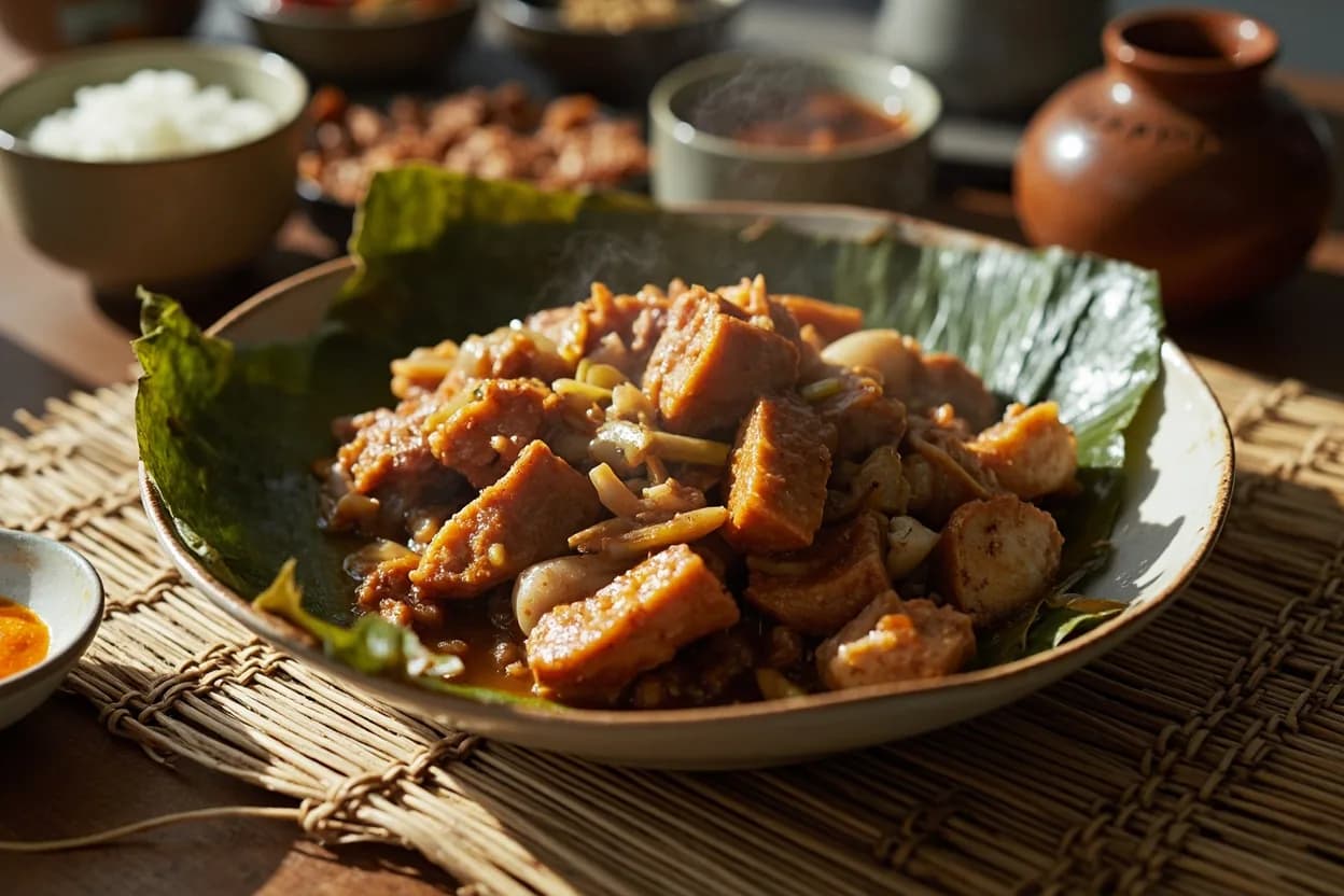 Babi pongteh (pork braised in fermented soybean and palm sugar) — a signature plate from Nyonya (Peranakan) cuisine, prepared in the regional style.