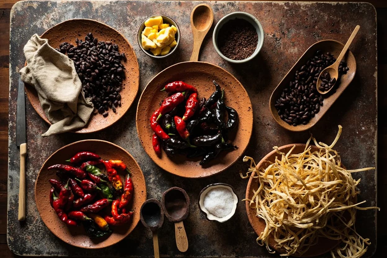 Mise en place for Oaxacan: the staple ingredients and key tools of the tradition laid out on the cook's board.