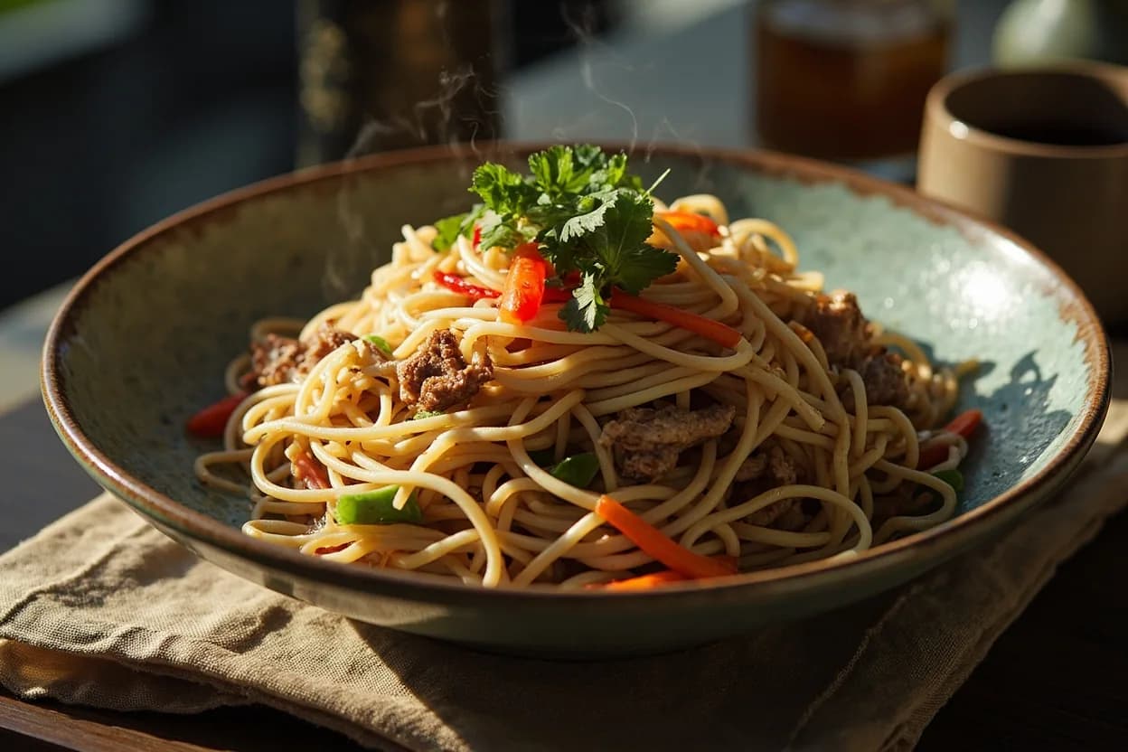 somen champuru (stir-fried thin wheat noodles with pork, egg, and vegetables) — a signature plate from Okinawan (Ryukyuan) cuisine, prepared in the regional style.