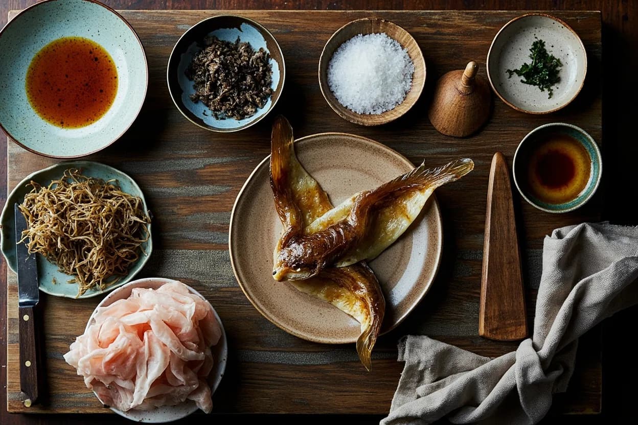 Mise en place for Osaka Kappo: the staple ingredients and key tools of the tradition laid out on the cook's board.
