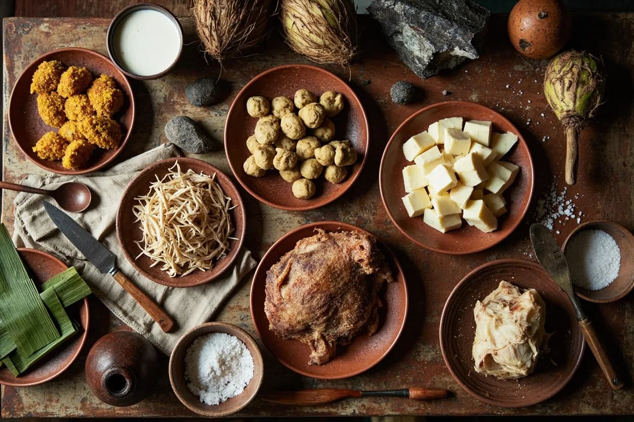Mise en place for Pacific Islander (Polynesian & Melanesian): the staple ingredients and key tools of the tradition laid out on the cook's board.