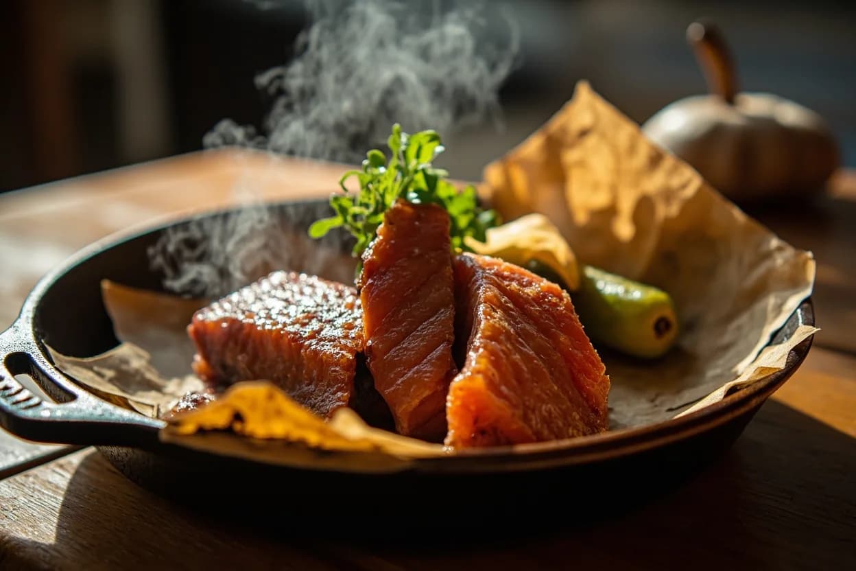 salmon candy (sugar-smoked strips) — a signature plate from Pacific Northwest (Indigenous Salmon Tradition) cuisine, prepared in the regional style.