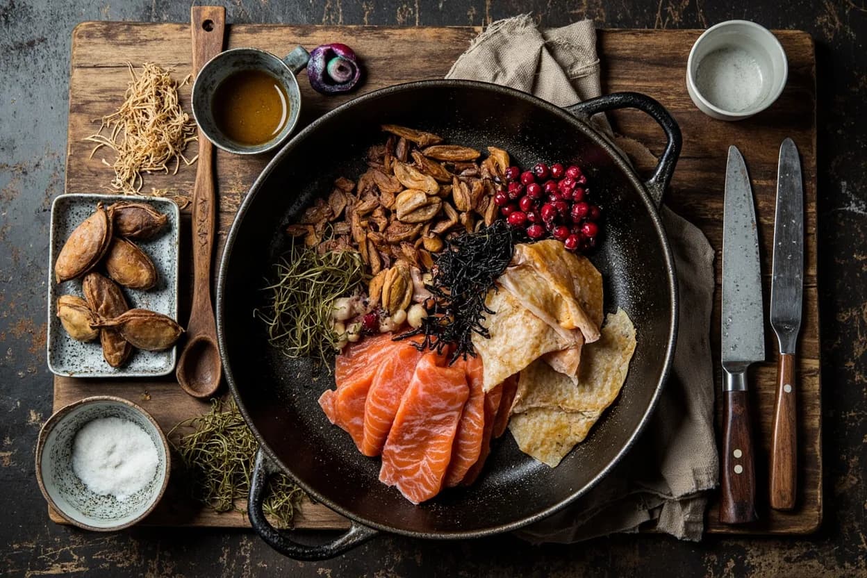 Mise en place for Pacific Northwest (Indigenous Salmon Tradition): the staple ingredients and key tools of the tradition laid out on the cook's board.