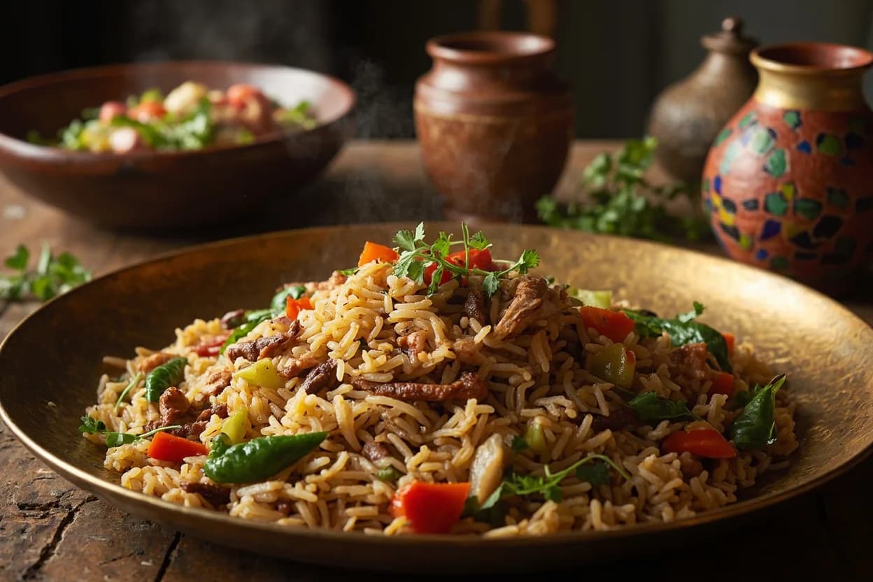 maqluba (inverted rice with vegetables and chicken) — a signature plate from Palestinian cuisine, prepared in the regional style.
