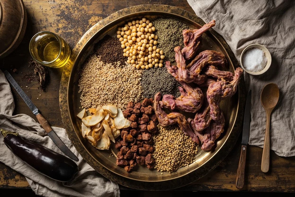 Mise en place for Palestinian: the staple ingredients and key tools of the tradition laid out on the cook's board.