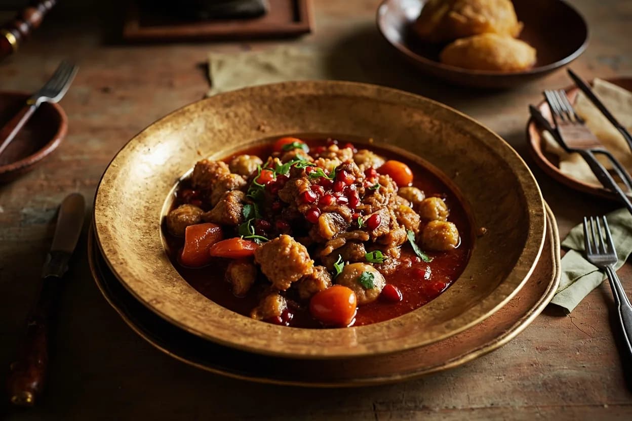 khoresh fesenjan (pomegranate and walnut stew with chicken or duck) — a signature plate from Persian (Iranian) cuisine, prepared in the regional style.