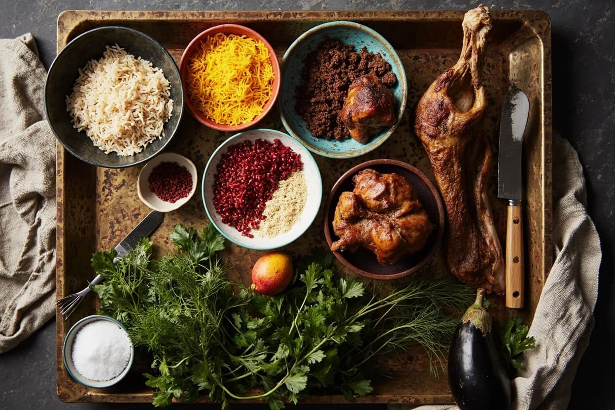 Mise en place for Persian (Iranian): the staple ingredients and key tools of the tradition laid out on the cook's board.