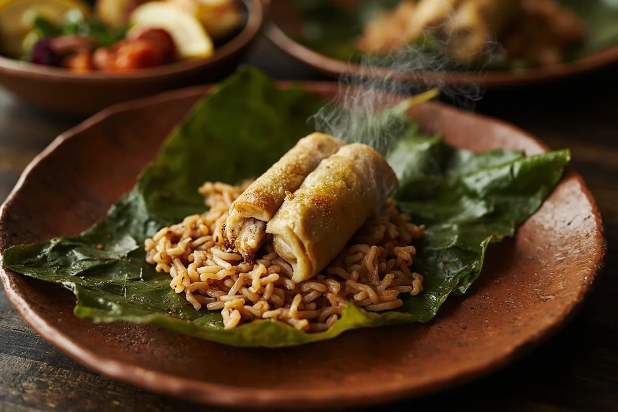 juane (rice, chicken, and egg tamale wrapped in bijao leaf) — a signature plate from Peruvian Amazonian (Selvática) cuisine, prepared in the regional style.