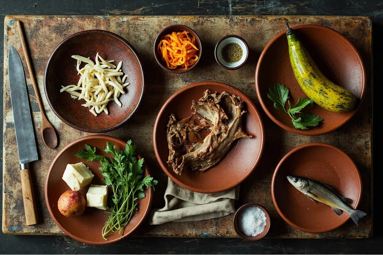 Mise en place for Peruvian Amazonian (Selvática): the staple ingredients and key tools of the tradition laid out on the cook's board.