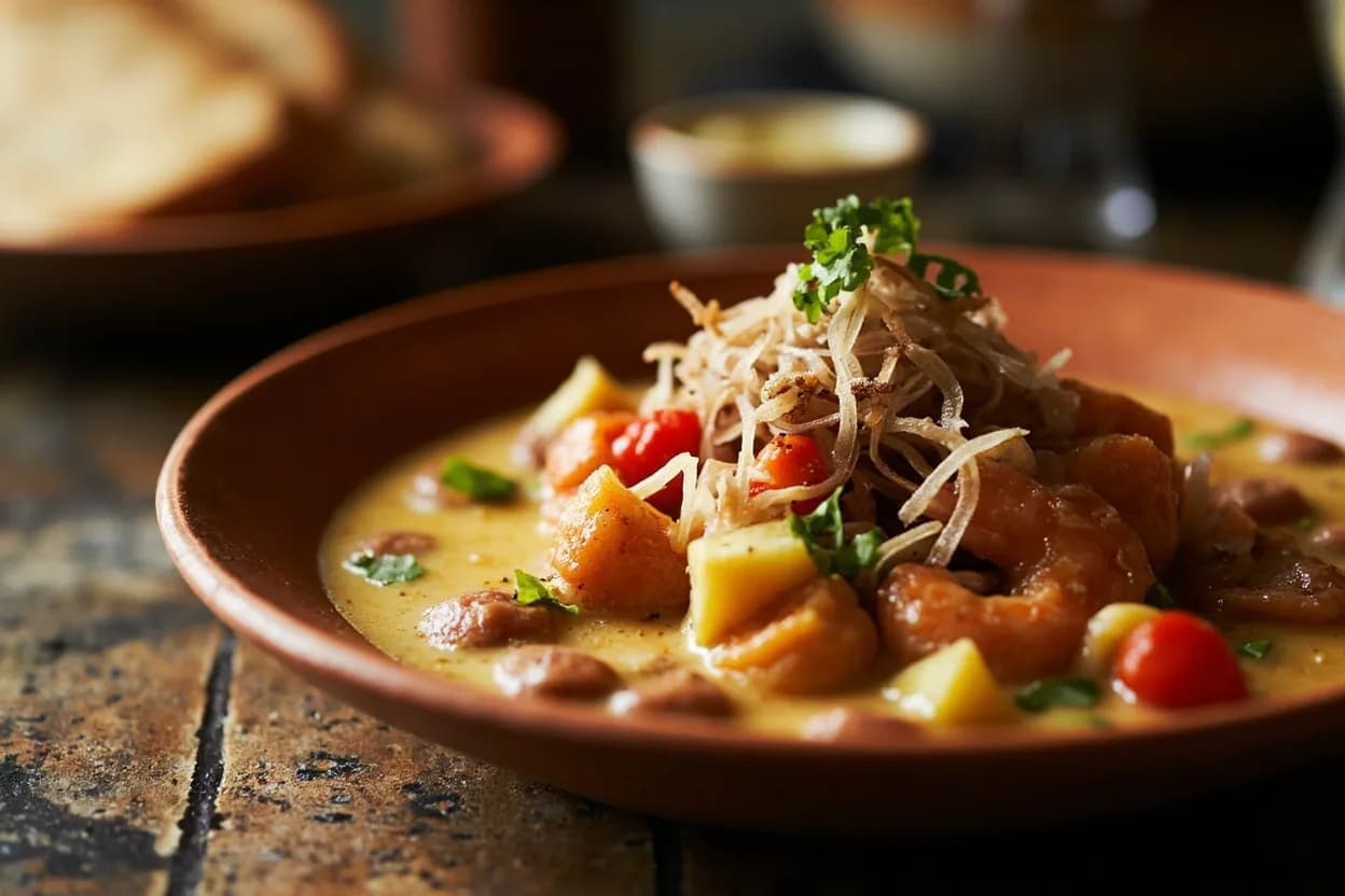 chupe de camarones (Andean shrimp and potato chowder — Arequipa region) — a signature plate from Peruvian Andean (Sierra) cuisine, prepared in the regional style.