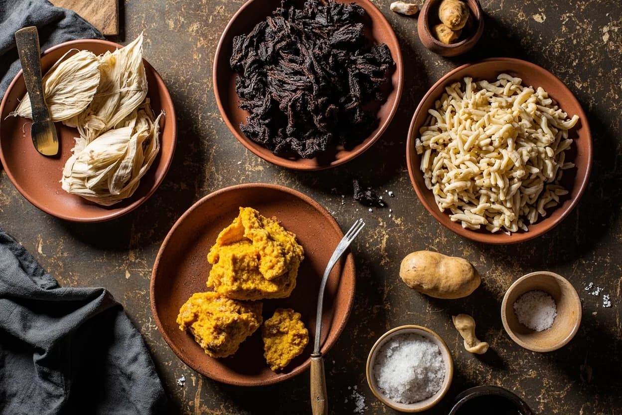 Mise en place for Peruvian Andean (Sierra): the staple ingredients and key tools of the tradition laid out on the cook's board.