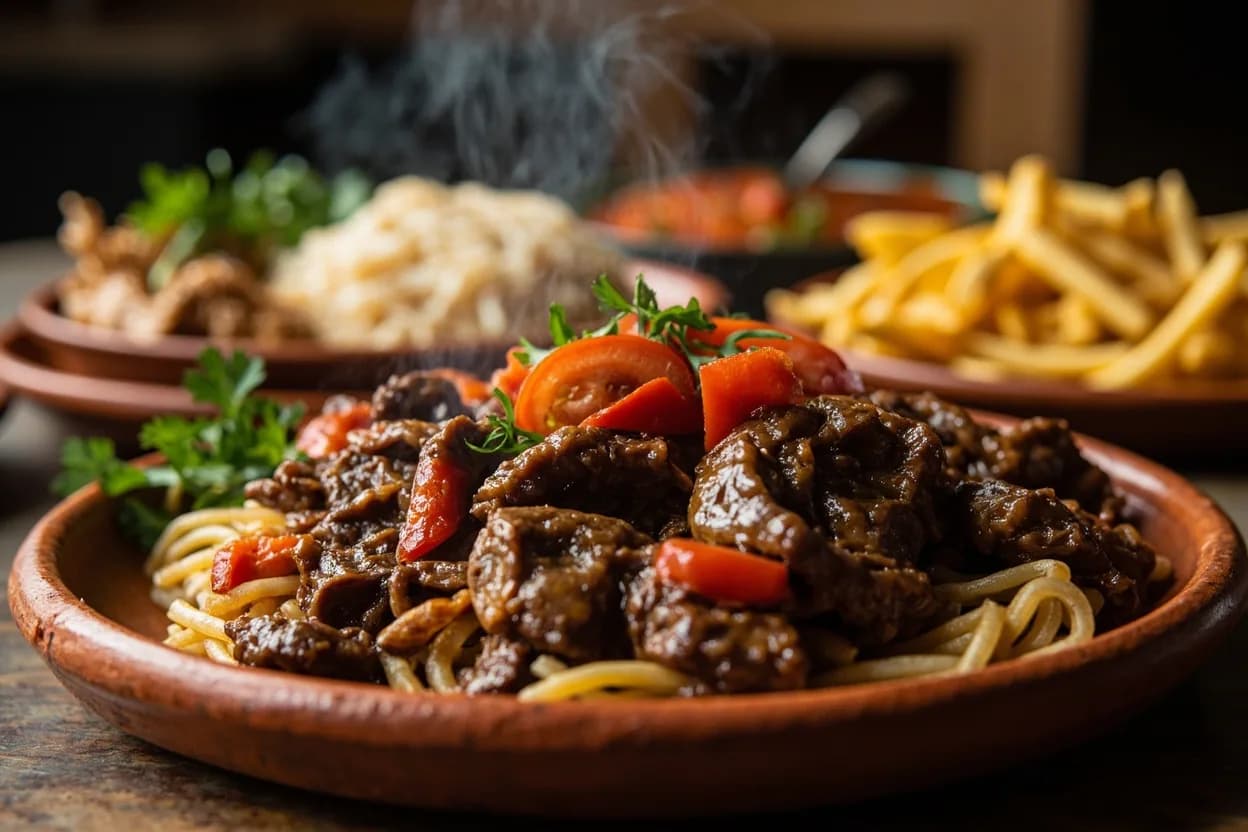 Lomo saltado con tallarin (stir-fried beef tenderloin with soy, tomato, ají amarillo, fries, served with noodles or rice) — a signature plate from Peruvian Chifa cuisine, prepared in the regional style.