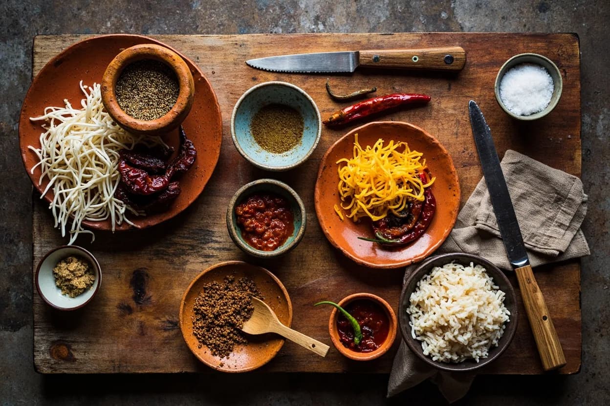 Mise en place for Peruvian Chifa: the staple ingredients and key tools of the tradition laid out on the cook's board.