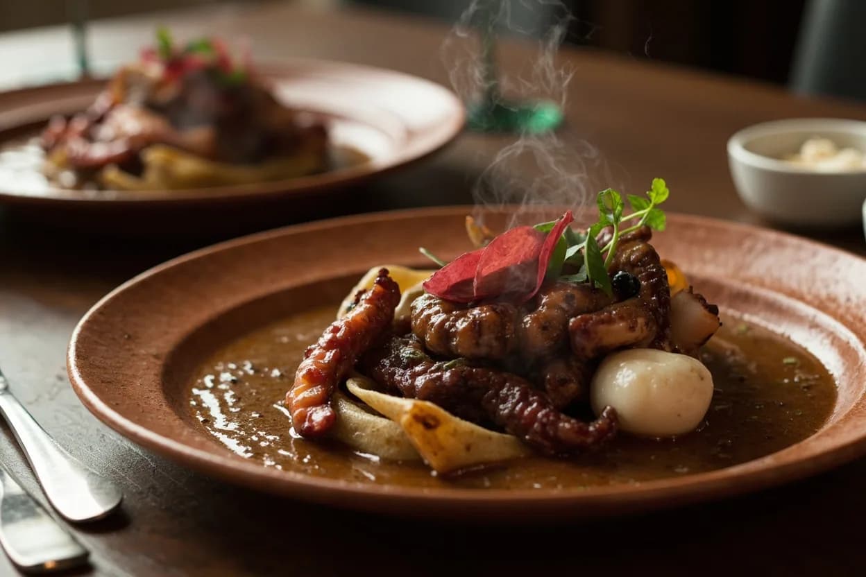 pulpo al olivo (grilled octopus with black olive sauce) — a signature plate from Peruvian Coastal (Criollo) cuisine, prepared in the regional style.