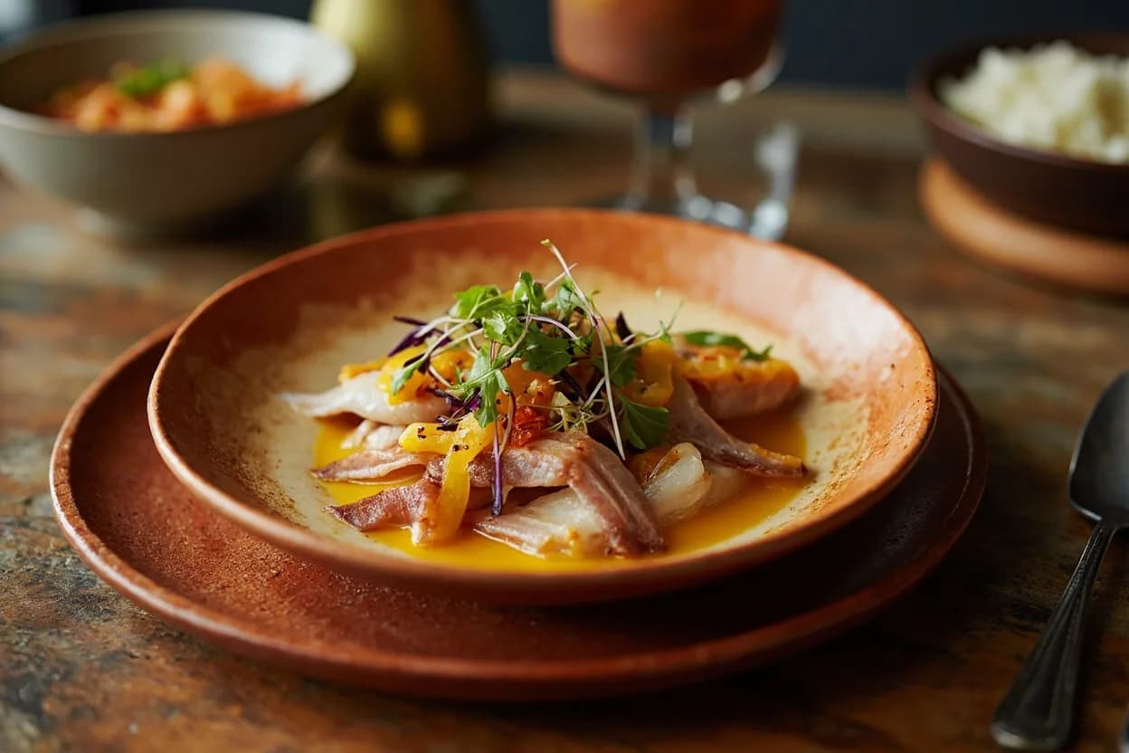 tiradito (thin-sliced raw fish with ají amarillo sauce) — a signature plate from Peruvian Coastal (Criollo) cuisine, prepared in the regional style.