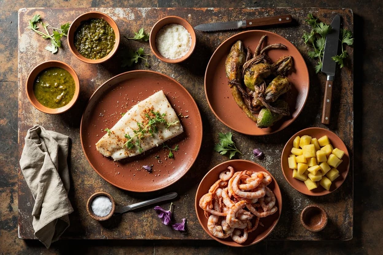 Mise en place for Peruvian Coastal (Criollo): the staple ingredients and key tools of the tradition laid out on the cook's board.