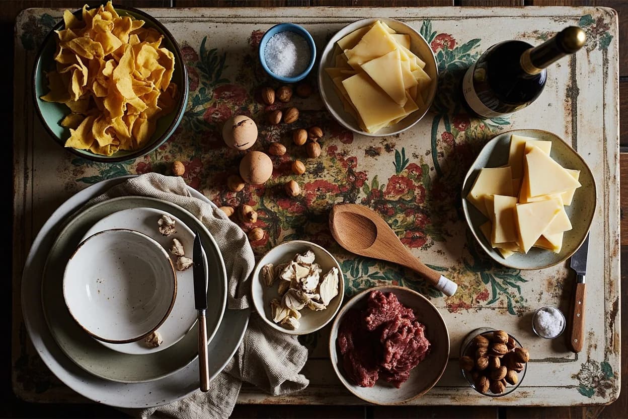 Mise en place for Piedmontese: the staple ingredients and key tools of the tradition laid out on the cook's board.