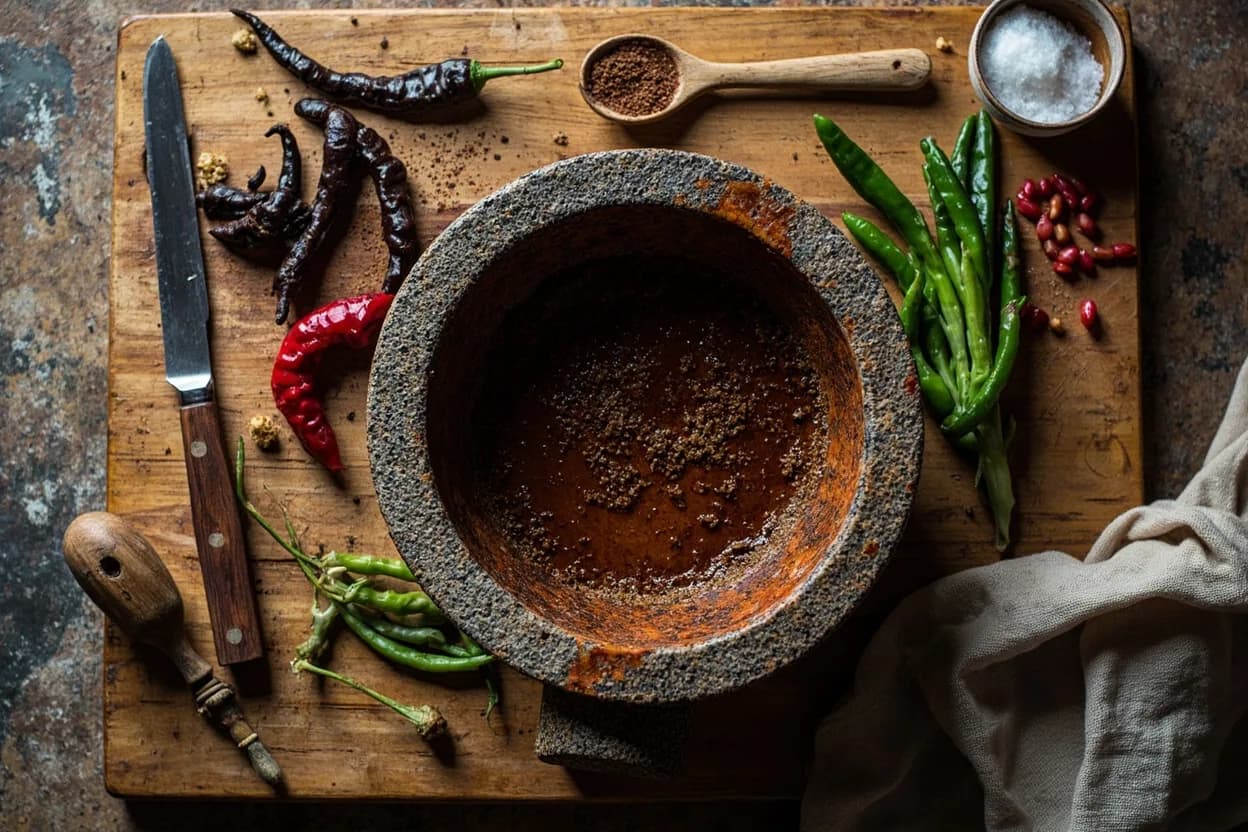 Mise en place for Poblano: the staple ingredients and key tools of the tradition laid out on the cook's board.