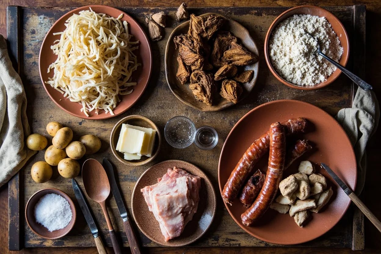 Mise en place for Polish: the staple ingredients and key tools of the tradition laid out on the cook's board.