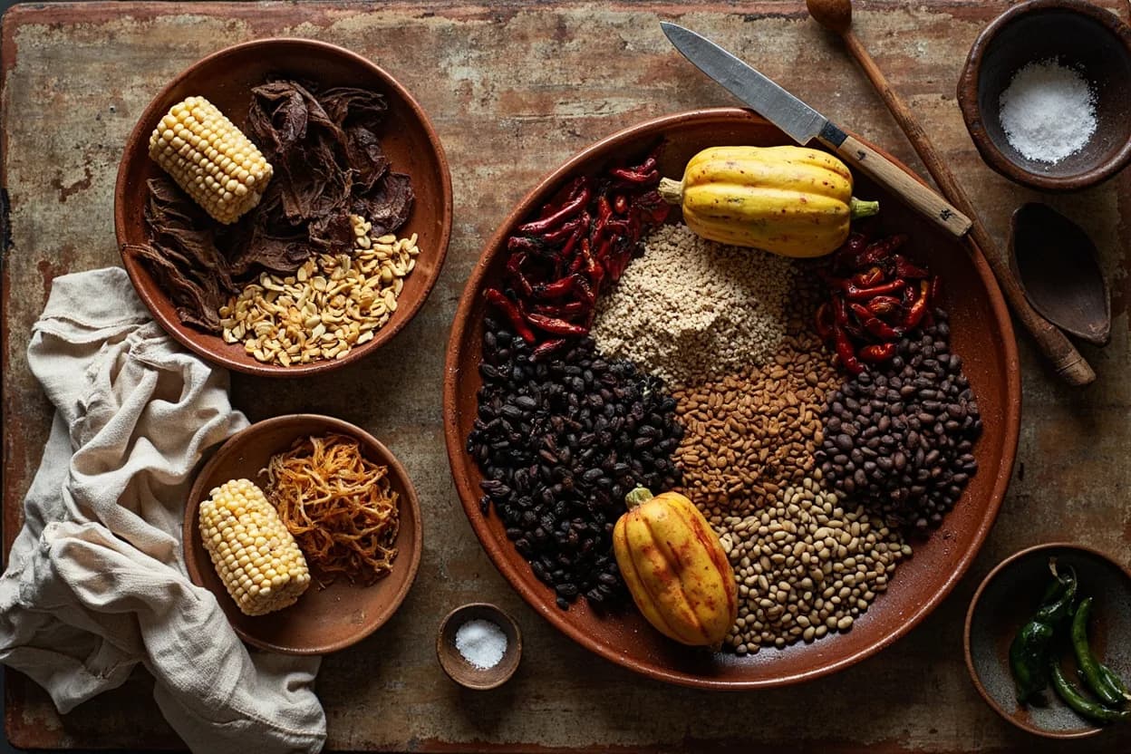 Mise en place for Pre-Hispanic Mesoamerican Traditions: the staple ingredients and key tools of the tradition laid out on the cook's board.