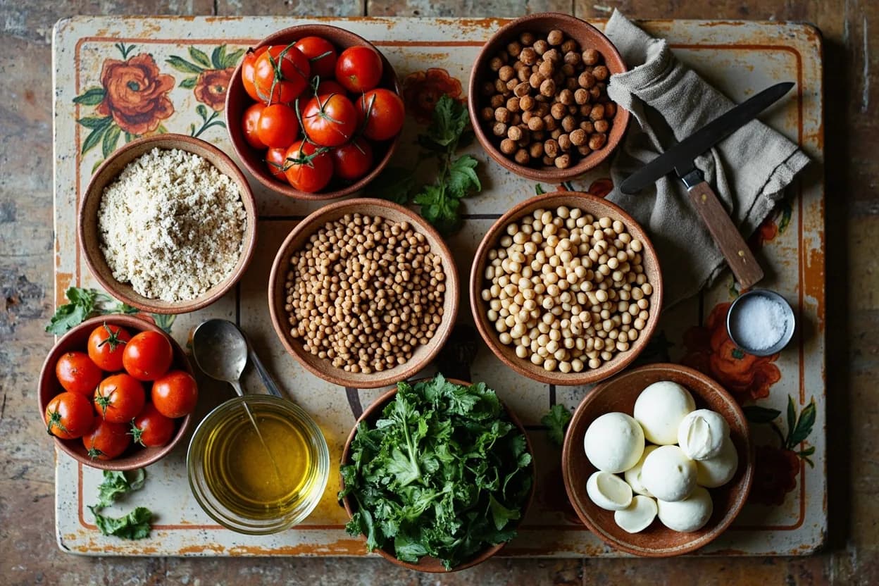 Mise en place for Pugliese: the staple ingredients and key tools of the tradition laid out on the cook's board.