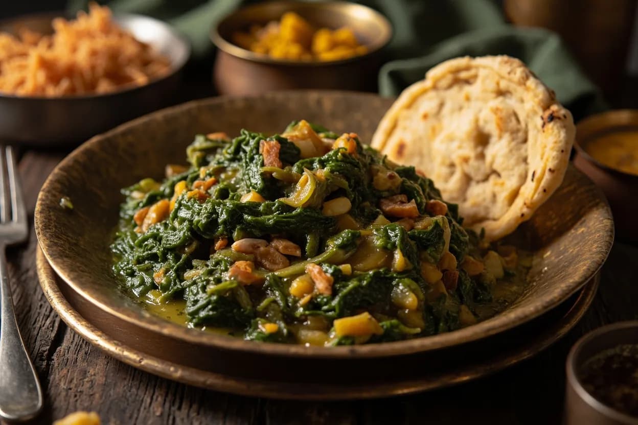 sarson ka saag with makki di roti (mustard greens with cornbread) — a signature plate from Punjabi cuisine, prepared in the regional style.