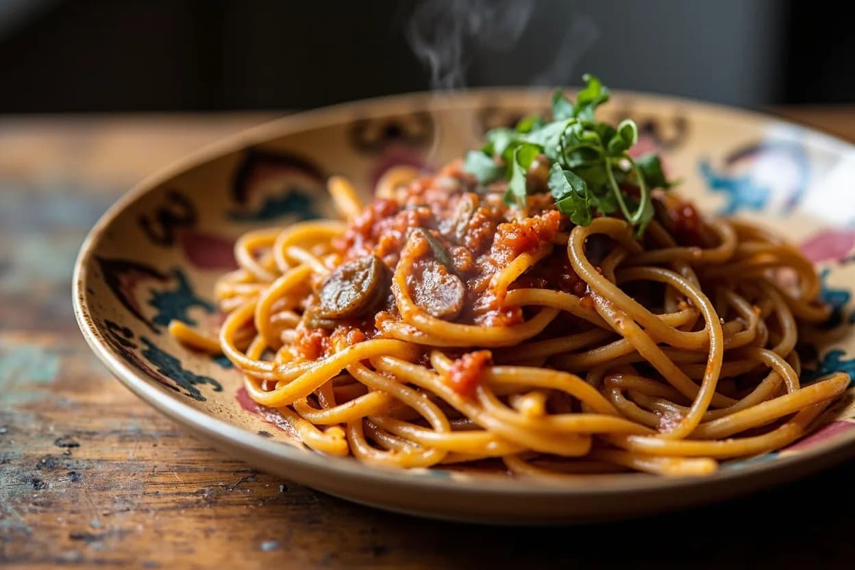 Bucatini all'amatriciana — a signature plate from Roman cuisine, prepared in the regional style.