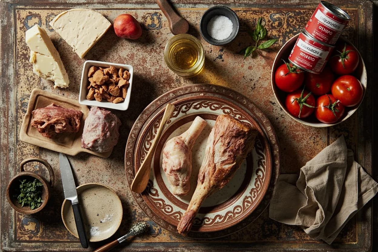 Mise en place for Roman: the staple ingredients and key tools of the tradition laid out on the cook's board.