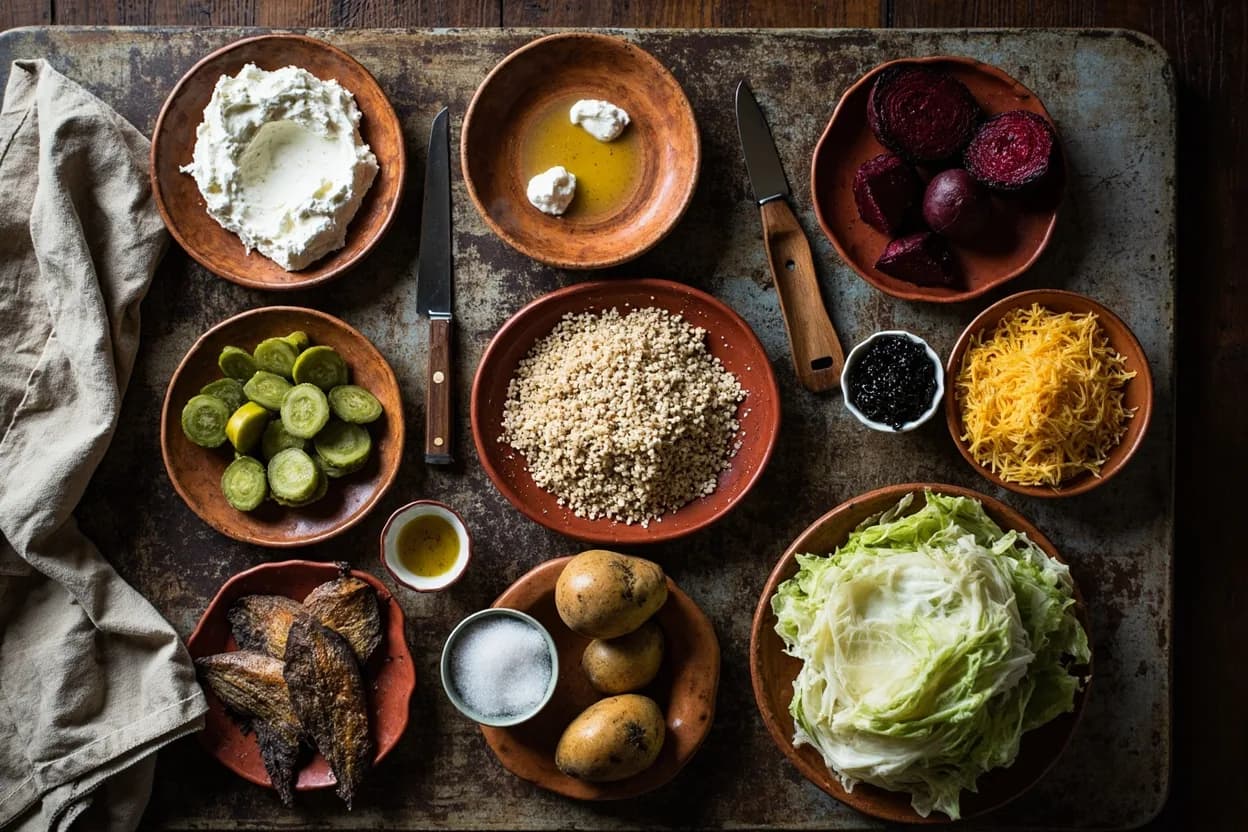 Mise en place for Russian (Imperial & Soviet): the staple ingredients and key tools of the tradition laid out on the cook's board.
